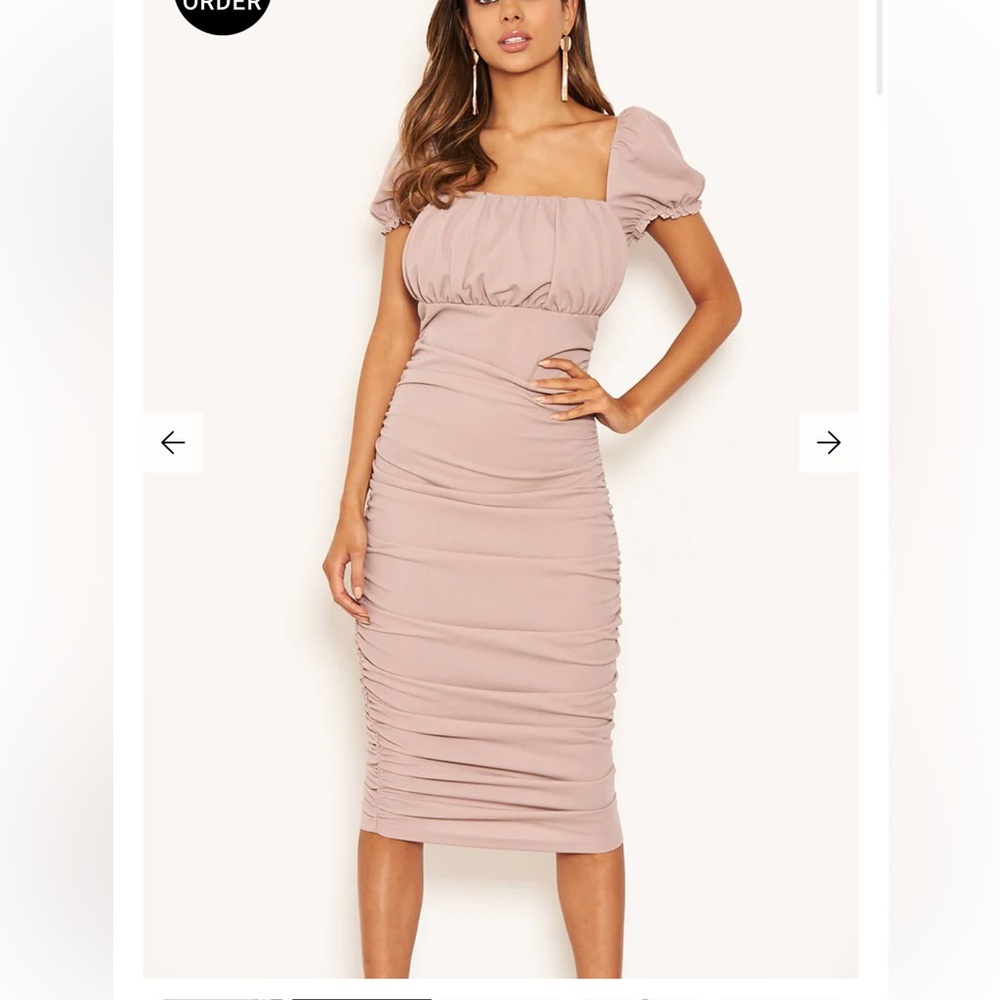 Taupe Blush ruched body on midi square neck dress